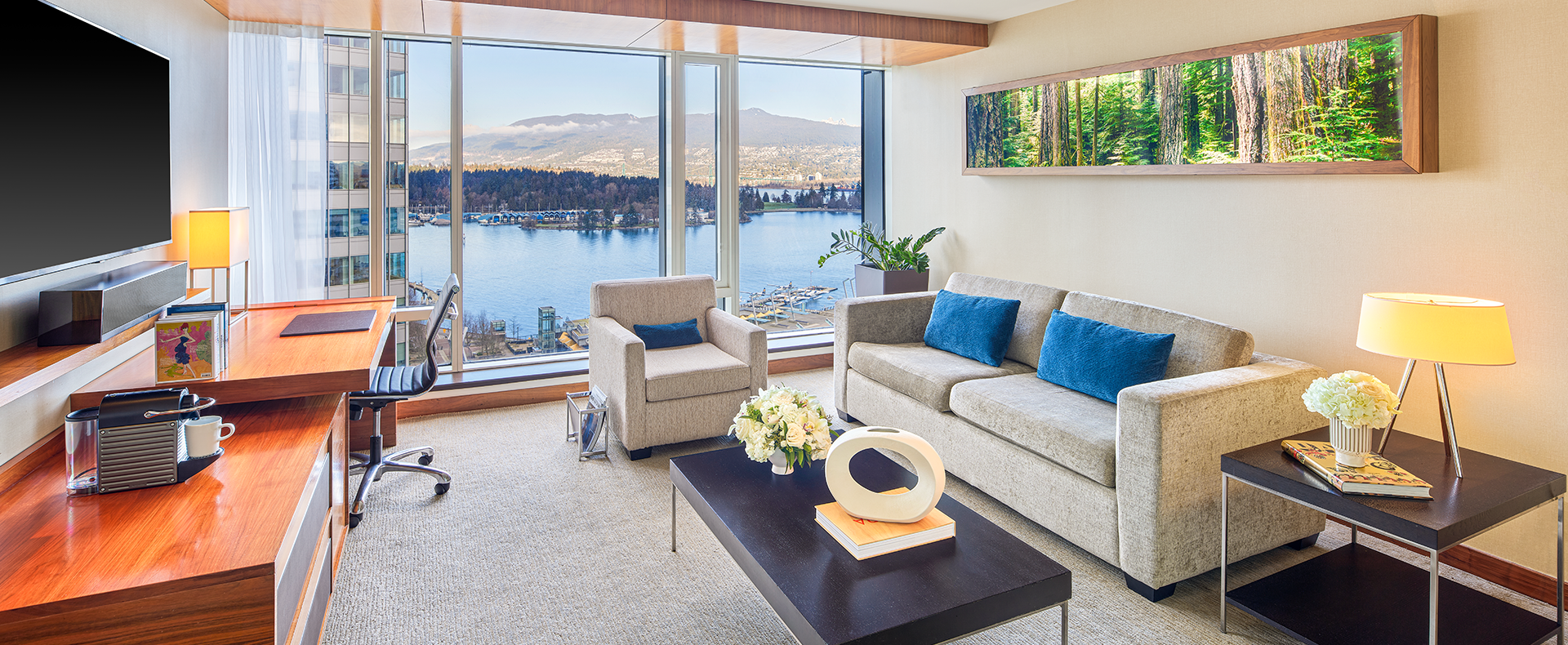A shot of Stanley Park Suite living room from a luxury hotel in Vancouver
