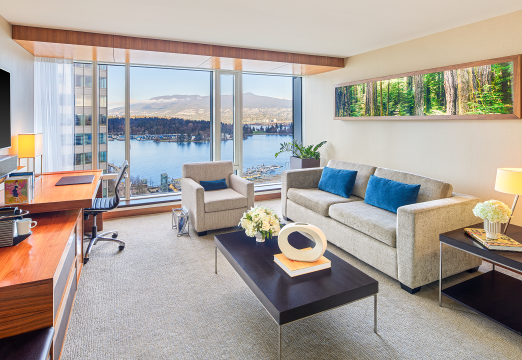 A shot of Stanley Park Suite living room from a luxury hotel in Vancouver