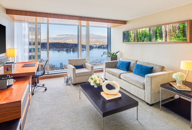 A shot of Stanley Park Suite living room from a luxury hotel in Vancouver
