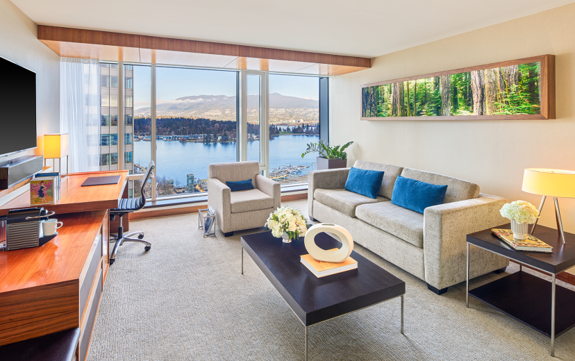 A shot of Stanley Park Suite living room from a luxury hotel in Vancouver