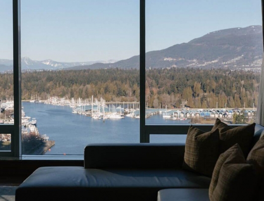 A view of the marina out a window.