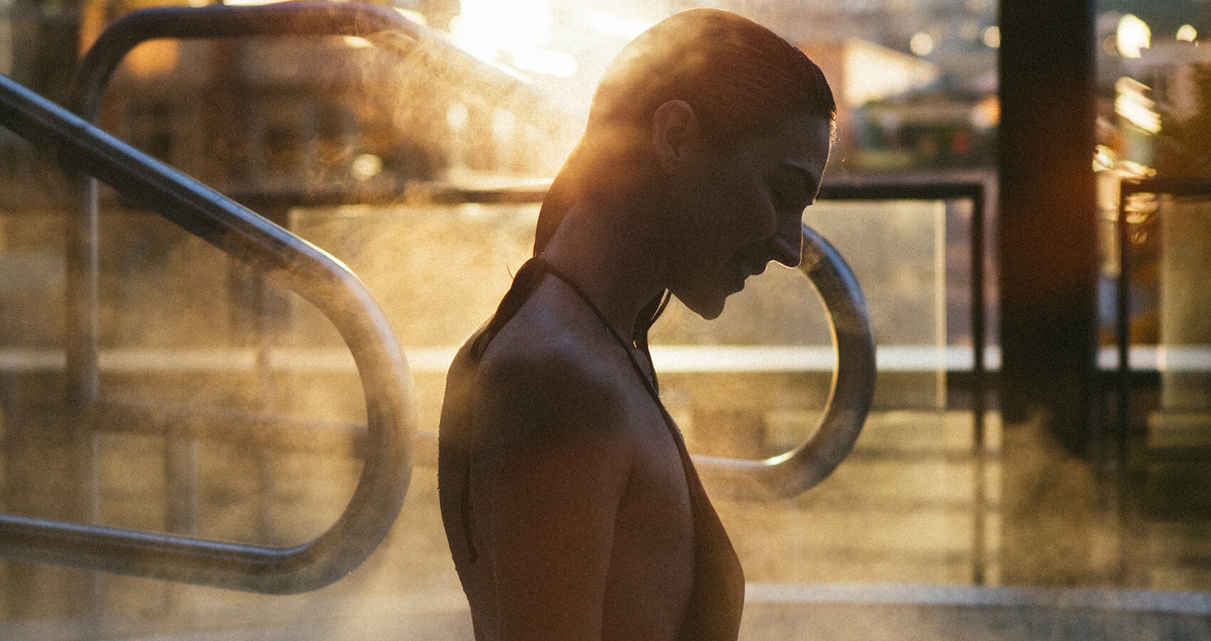 A woman in a heated pool