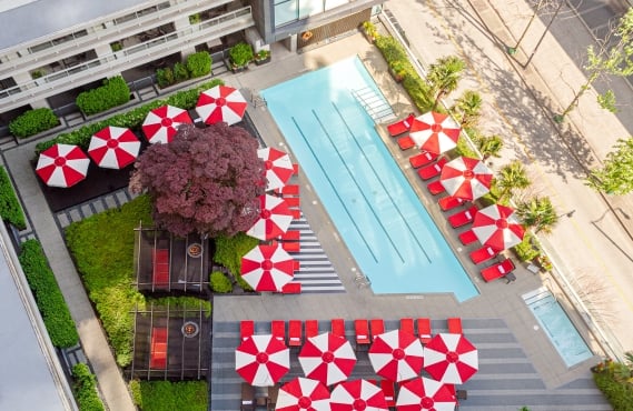 Hero shot of Fairmont Pacific Rim's rooftop pool and cabana
