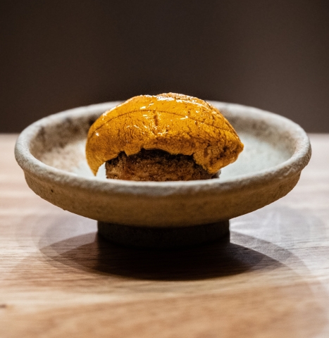 Sea urchin cream puff as part of Botanist and Birdsong collaboration for an August event in Vancouver