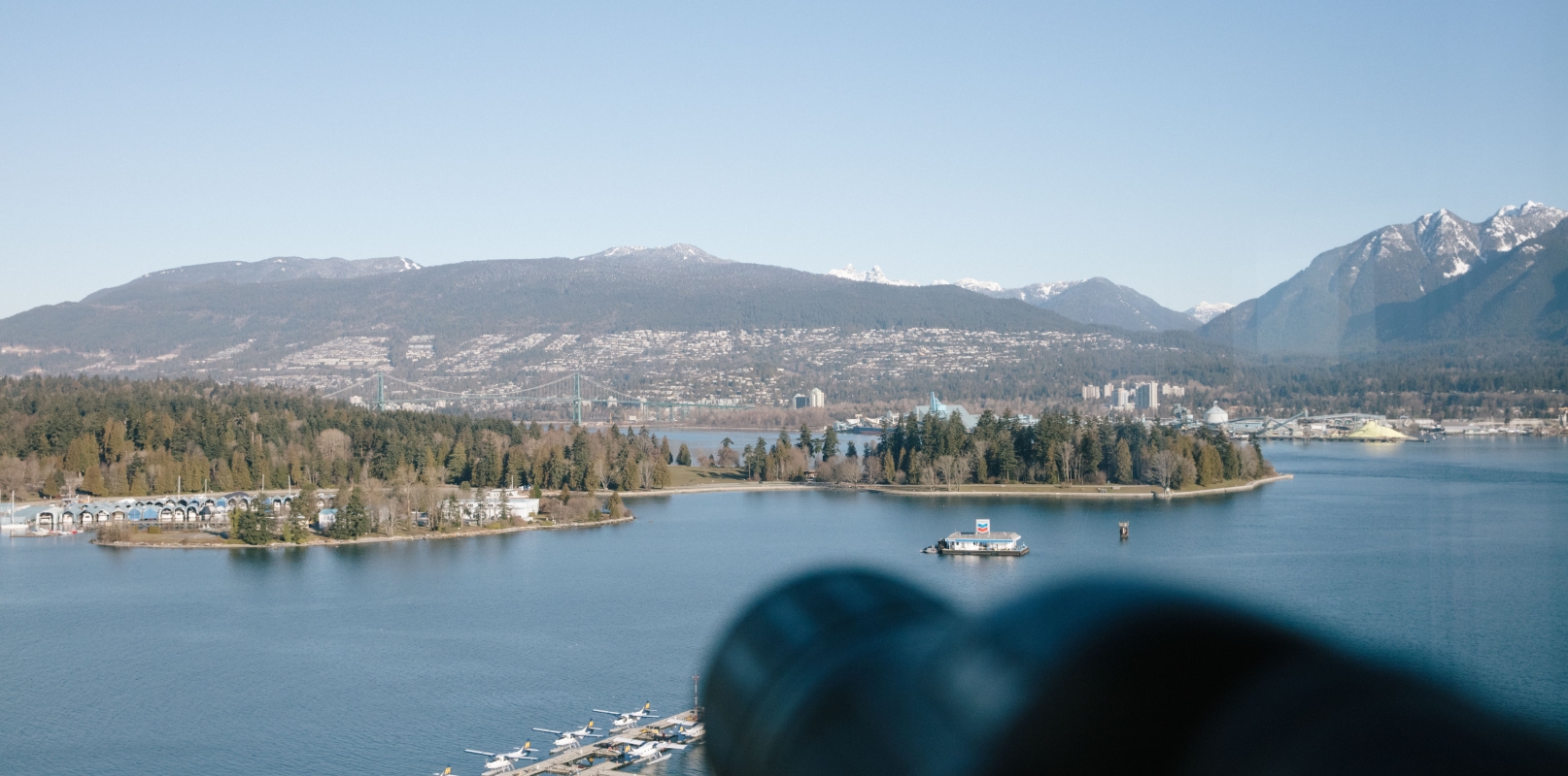 A view of Vancouver's North Shore Mountains from a luxury hotel in downtown Vancouver