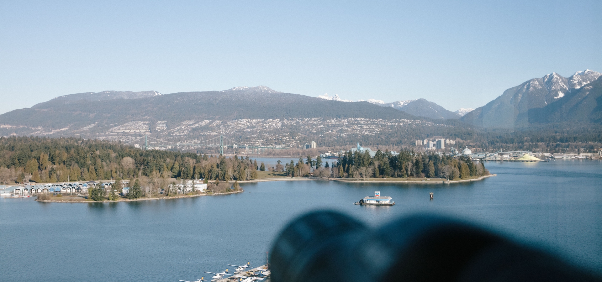 A view of Vancouver's North Shore Mountains from a luxury hotel in downtown Vancouver