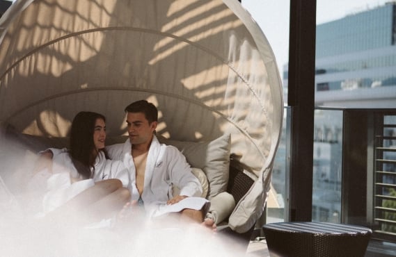 Couple at spa terrace after enjoying a couples massage in Vancouver