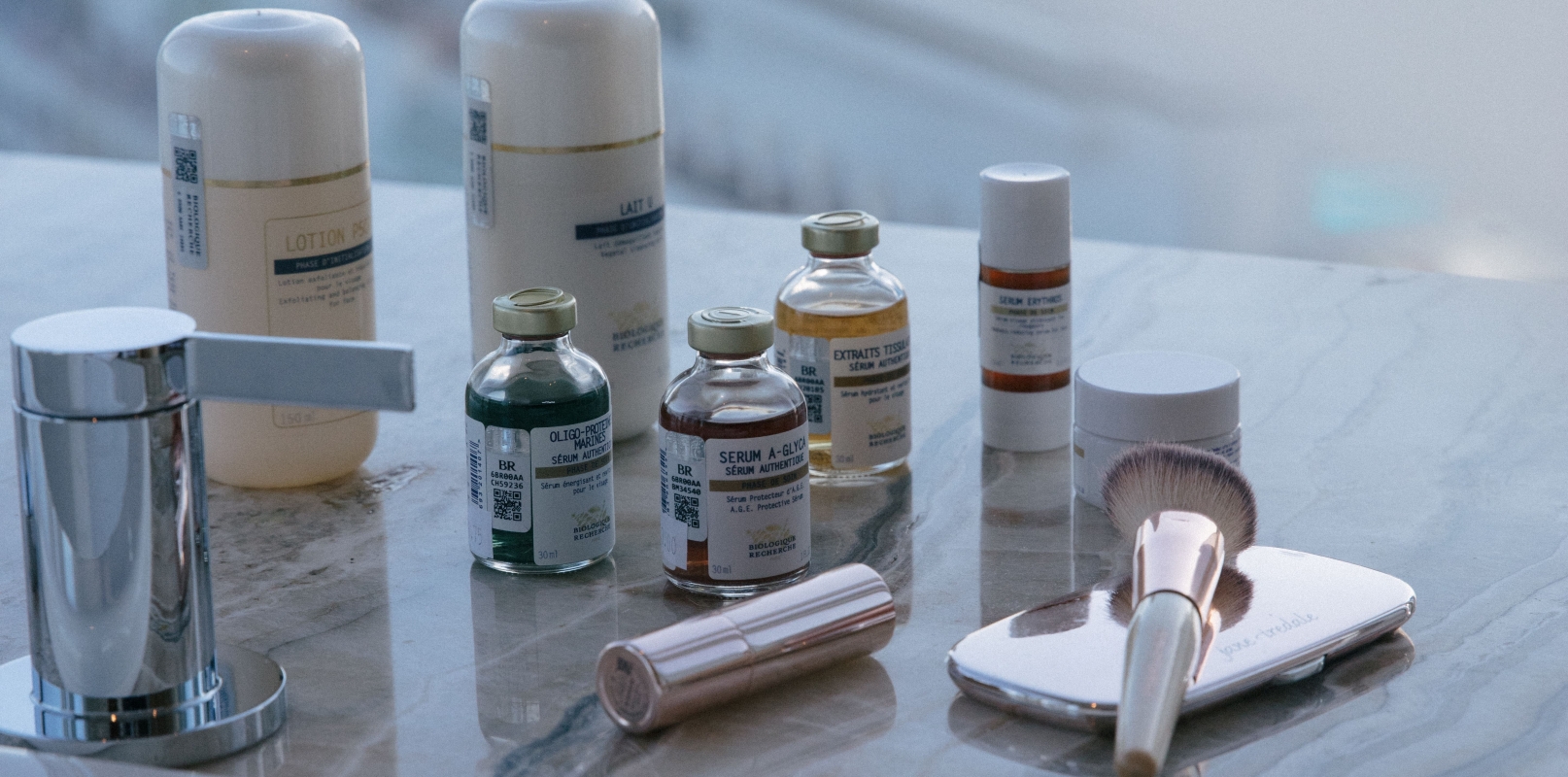 Fairmont spa products on a marble counter